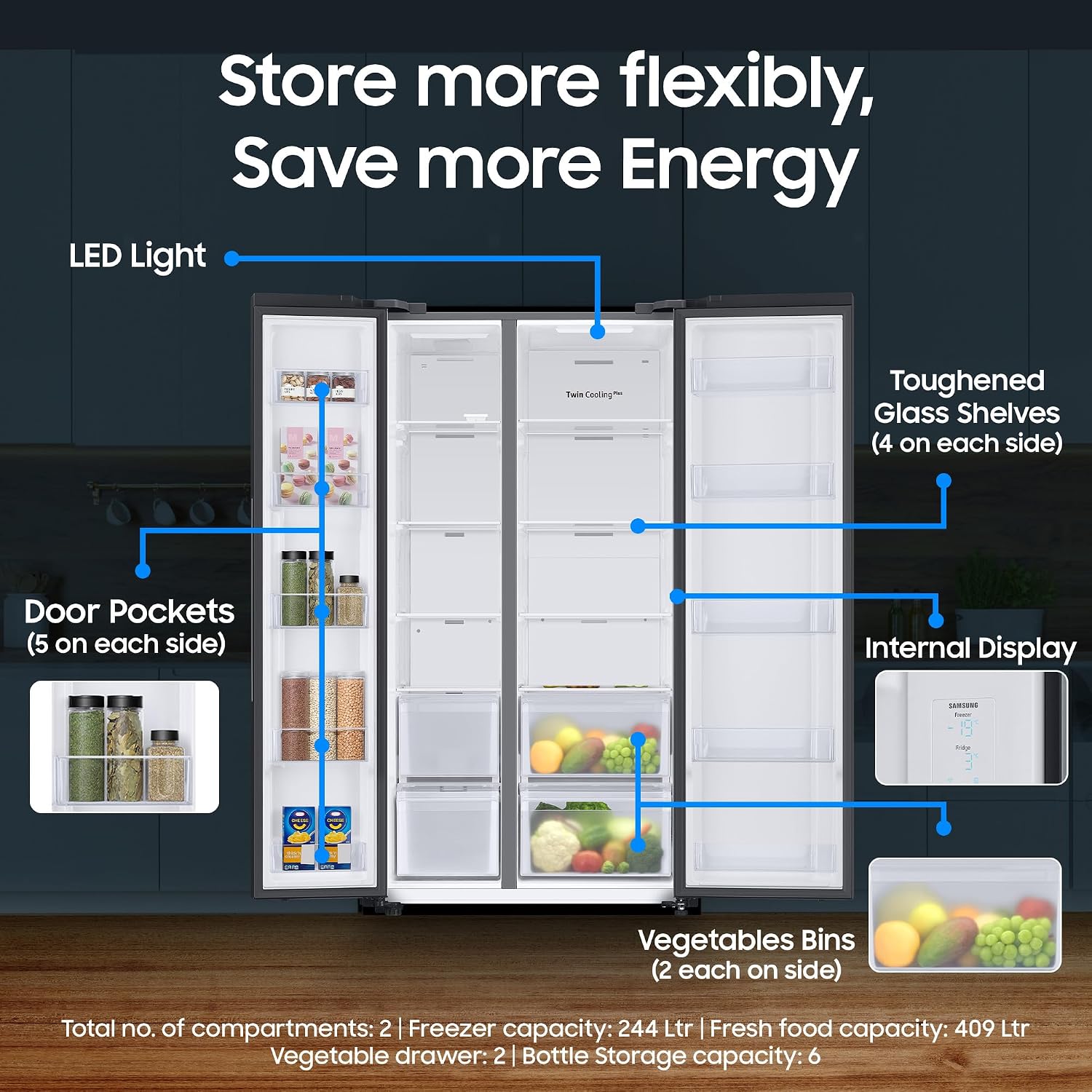 Samsung 653 L, 3 Star, Frost Free, Double Door, Convertible 5-in-1 Digital Inverter, Side By Side AI Enabled Smart Refrigerator with WiFi (RS76CG8003B1HL, Black Matte/Black DOI) - Alternate View